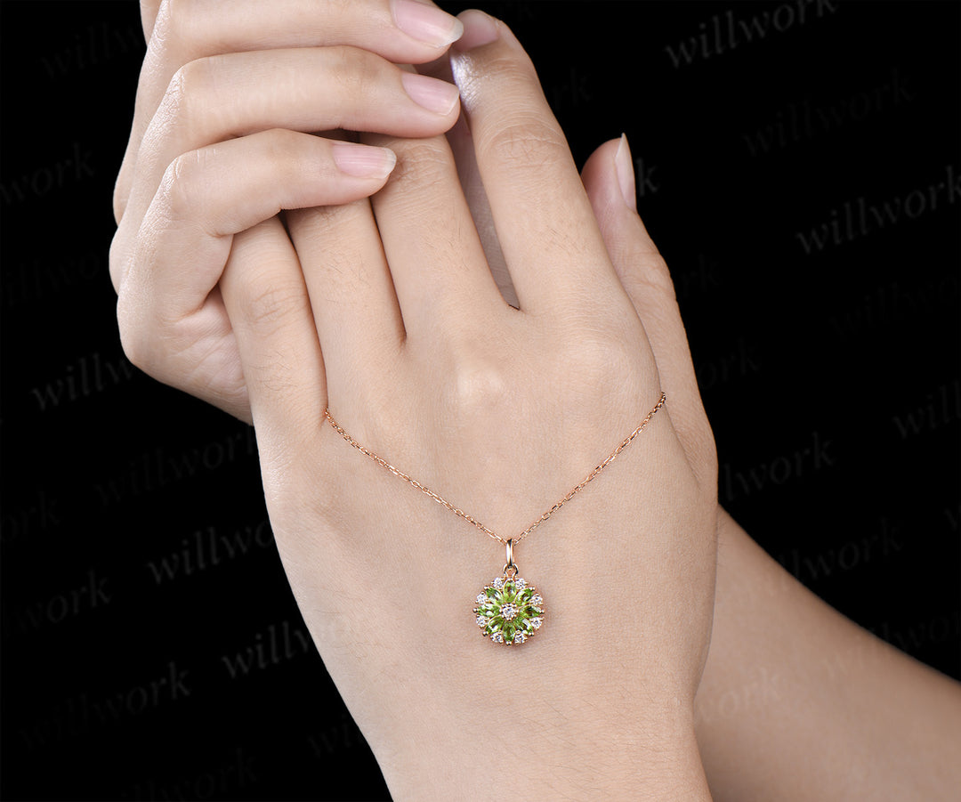Marquise peridot moissanite flower pendant necklace vintage milgrain gemstone necklace for women