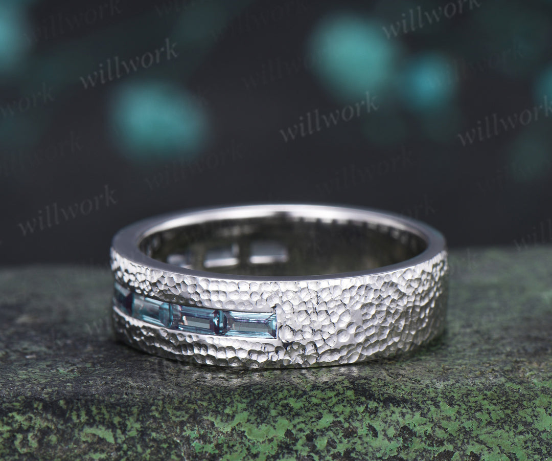 Vintage Baguette cut alexandrite wedding ring half eternity mens hammered promise anniversary ring