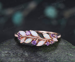 Marquise Opal & Amethyst Wedding Band Garden Inspired Leaf Ring Nature Inspired Bridal Jewelry