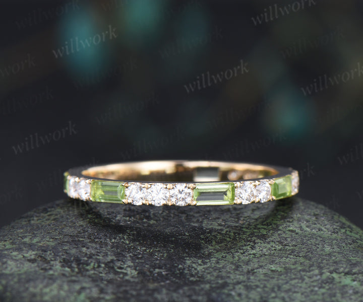 Minimalist baguette cut peridot moissanite wedding band full eternity band stackable ring for women