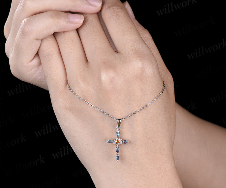 Dainty cross citrine pendant necklace marquise alexandrite deco sun cross necklace sterling silver white gold charm