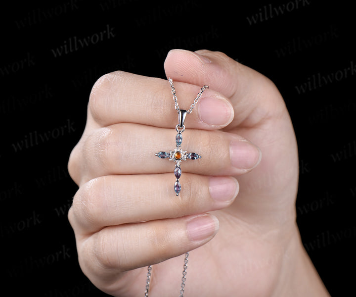 Dainty cross citrine pendant necklace marquise alexandrite deco sun cross necklace sterling silver white gold charm