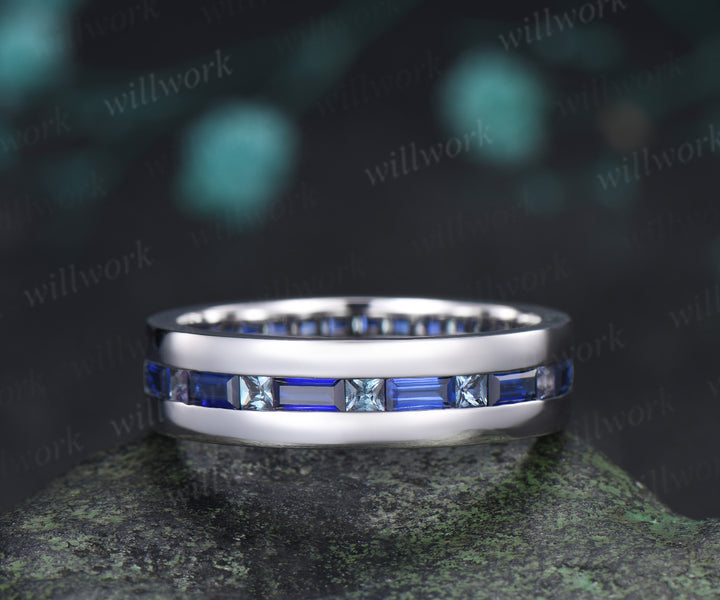 Baguette Cut Sapphire Princess Alexandrite Men Engagement Ring Channel Set Full Eternity Wedding Ring Anniversary Gifts
