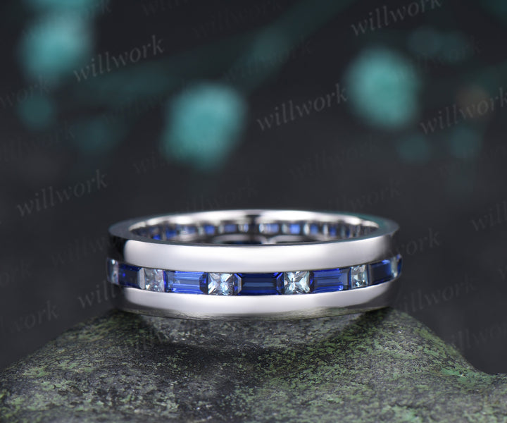 Baguette Cut Sapphire Princess Alexandrite Men Engagement Ring Channel Set Full Eternity Wedding Ring Anniversary Gifts