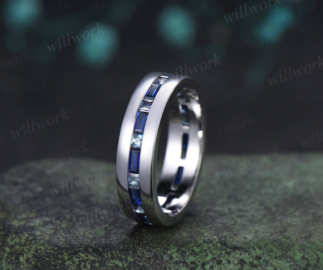 Baguette Cut Sapphire Princess Alexandrite Men Engagement Ring Channel Set Full Eternity Wedding Ring Anniversary Gifts
