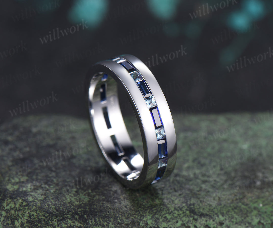 Baguette Cut Sapphire Princess Alexandrite Men Engagement Ring Channel Set Full Eternity Wedding Ring Anniversary Gifts