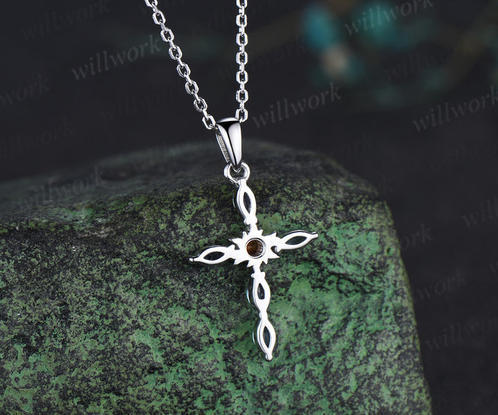 Dainty cross citrine pendant necklace marquise alexandrite deco sun cross necklace sterling silver white gold charm