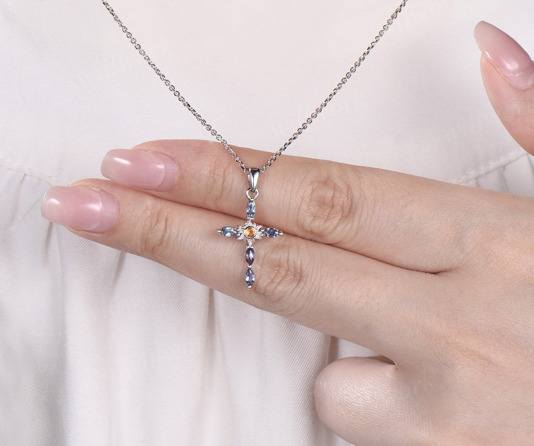Dainty cross citrine pendant necklace marquise alexandrite deco sun cross necklace sterling silver white gold charm
