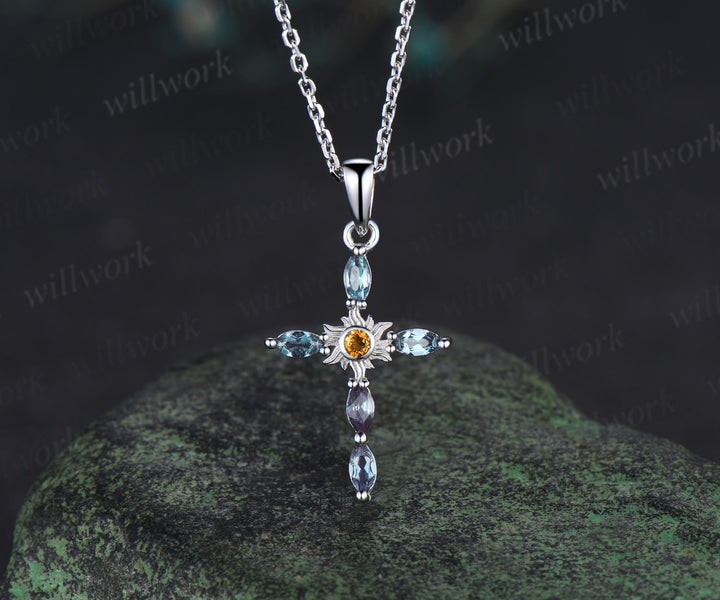 Dainty cross citrine pendant necklace marquise alexandrite deco sun cross necklace sterling silver white gold charm