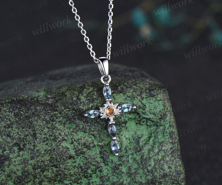Dainty cross citrine pendant necklace marquise alexandrite deco sun cross necklace sterling silver white gold charm