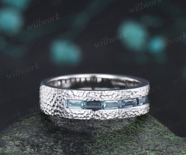 Vintage Baguette cut alexandrite wedding ring half eternity mens hammered promise anniversary ring
