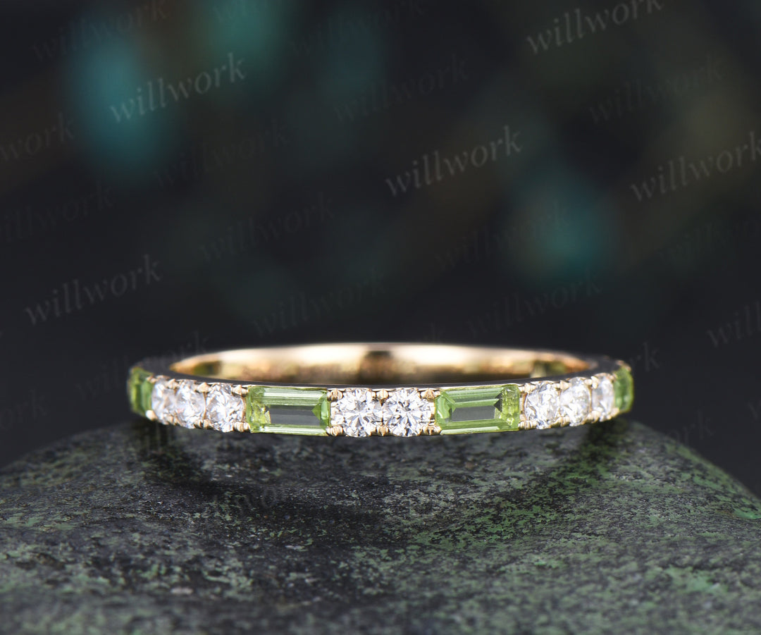 Minimalist baguette cut peridot moissanite wedding band full eternity band stackable ring for women
