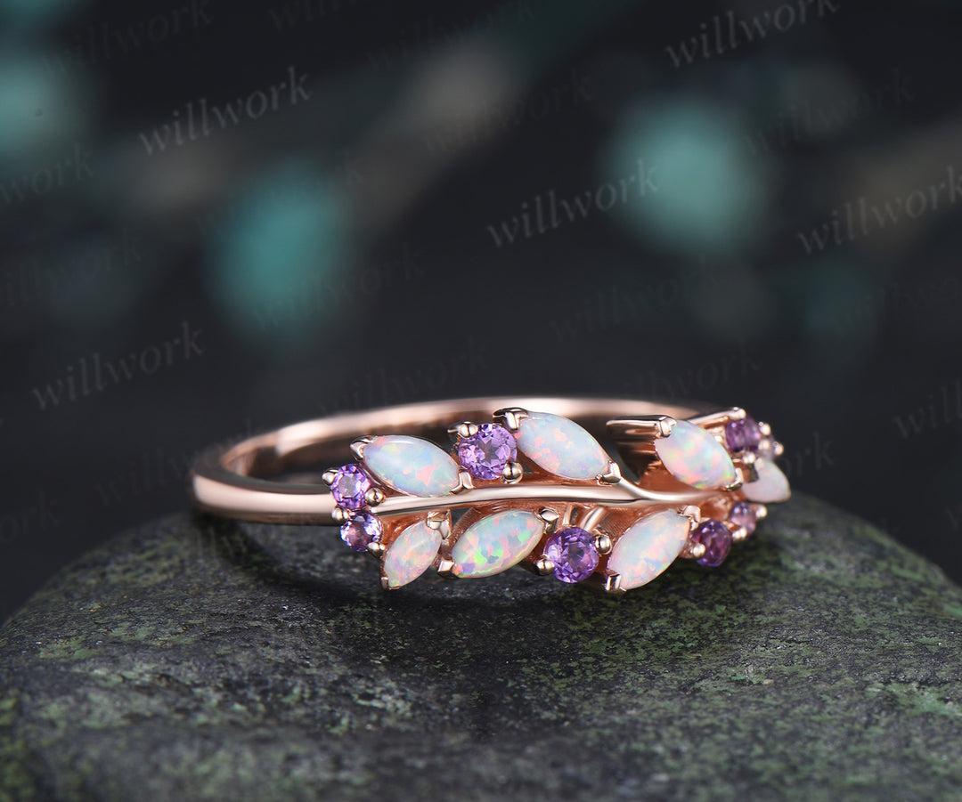 Marquise Opal & Amethyst Wedding Band Garden Inspired Leaf Ring Nature Inspired Bridal Jewelry