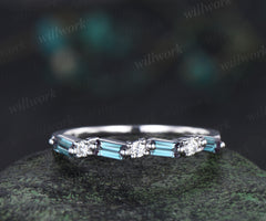 Dainty baguette cut alexandrite moissanite wedding band unique stacking ring solid white gold alexandrite band delicate gifts for her