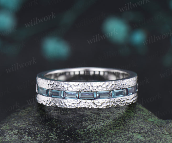 Vintage Baguette cut alexandrite wedding ring half eternity mens hammered promise anniversary ring