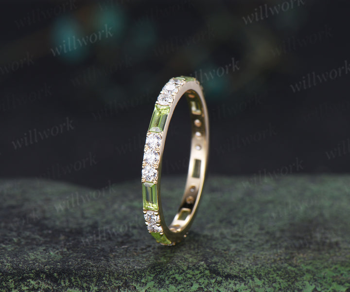 Minimalist baguette cut peridot moissanite wedding band full eternity band stackable ring for women