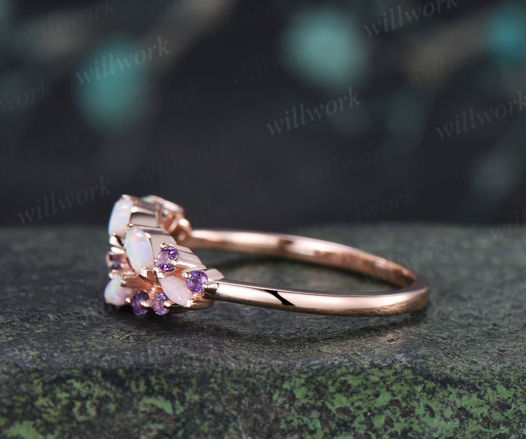 Marquise Opal & Amethyst Wedding Band Garden Inspired Leaf Ring Nature Inspired Bridal Jewelry