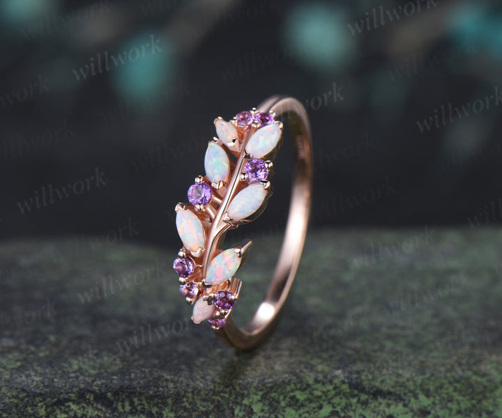 Marquise Opal & Amethyst Wedding Band Garden Inspired Leaf Ring Nature Inspired Bridal Jewelry