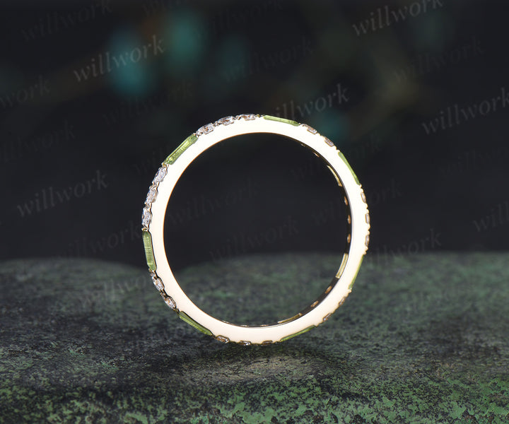 Minimalist baguette cut peridot moissanite wedding band full eternity band stackable ring for women