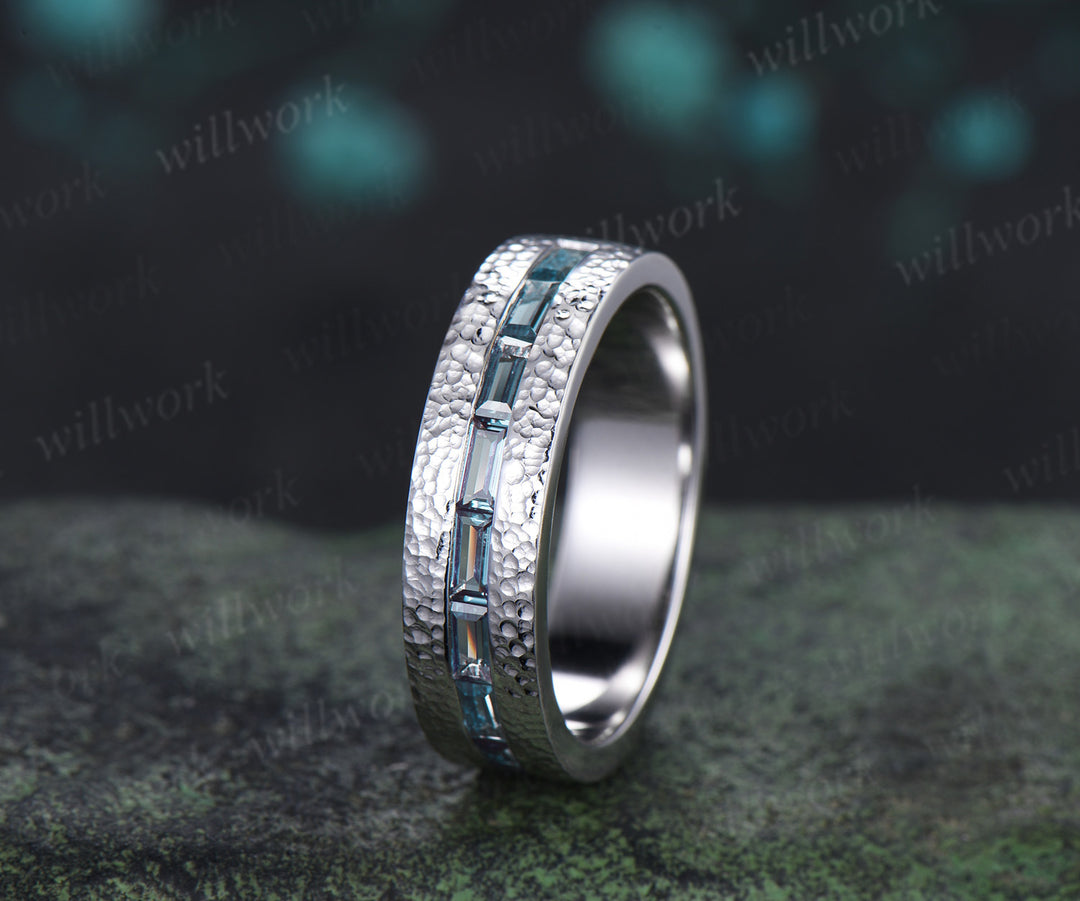 Vintage Baguette cut alexandrite wedding ring half eternity mens hammered promise anniversary ring