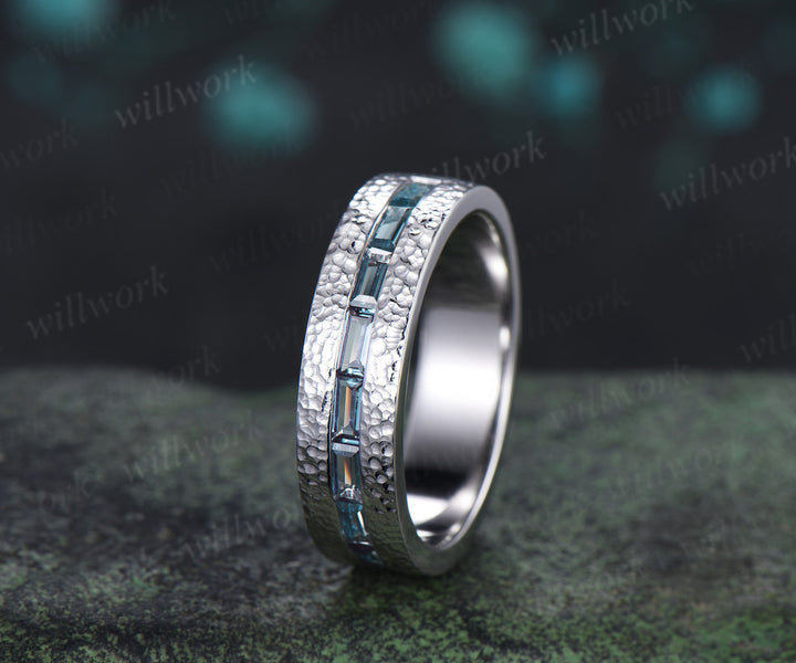 Vintage Baguette cut alexandrite wedding ring half eternity mens hammered promise anniversary ring