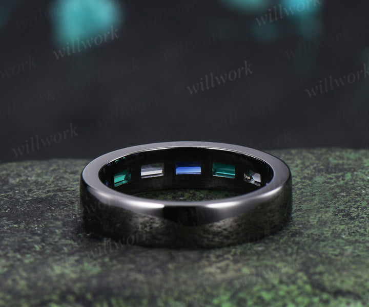 Baguette cut emerald sapphire alexandrite men wedding ring gothic black gold half eternity 5mm mens anniversary ring