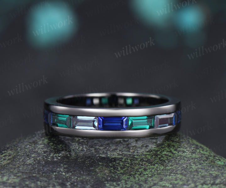 Baguette cut emerald sapphire alexandrite men wedding ring gothic black gold half eternity 5mm mens anniversary ring