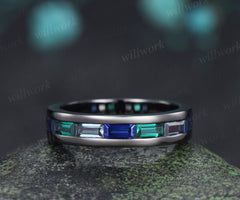 Baguette cut emerald sapphire alexandrite men wedding ring gothic black gold half eternity 5mm mens anniversary ring