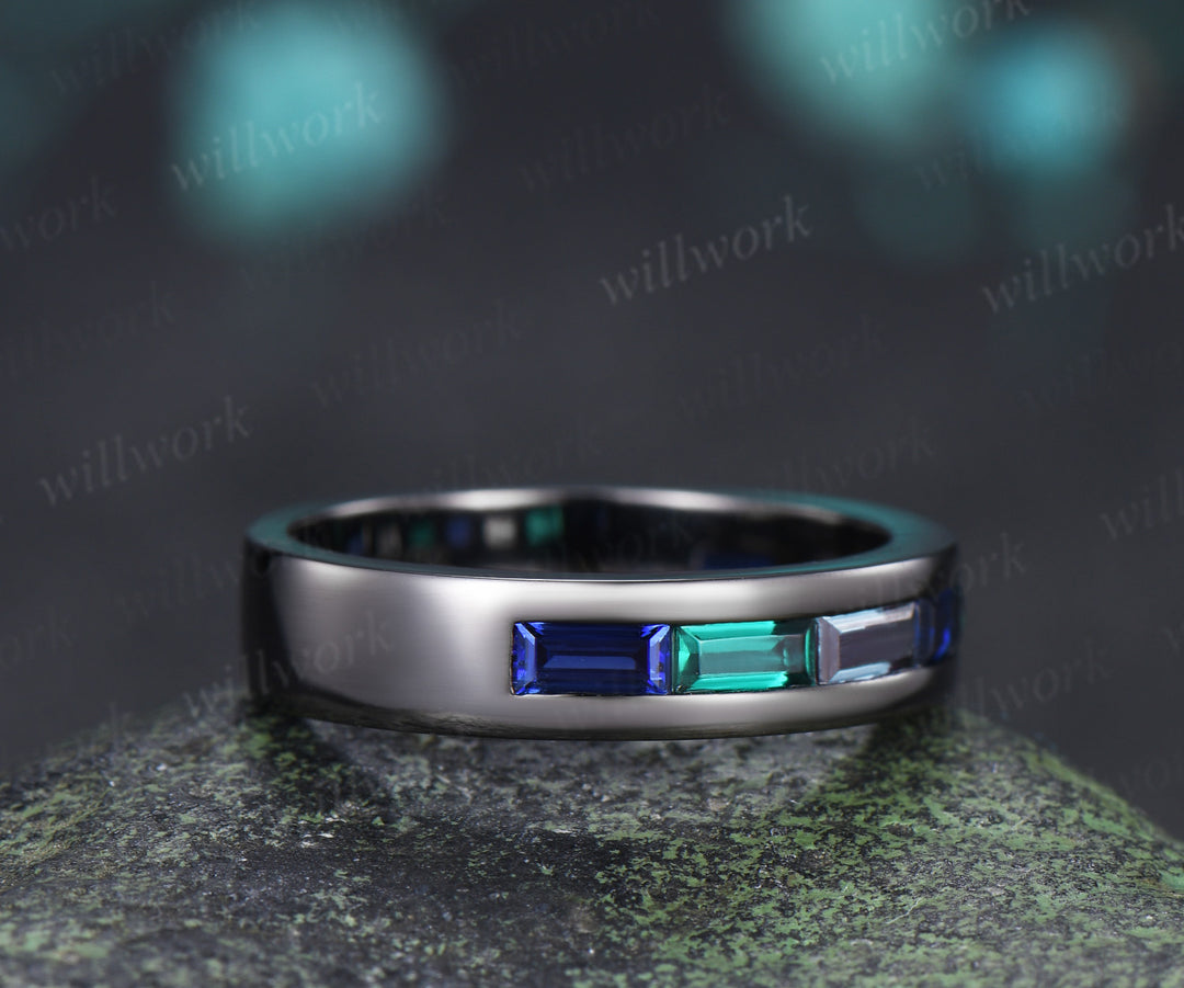Baguette cut emerald sapphire alexandrite men wedding ring gothic black gold half eternity 5mm mens anniversary ring