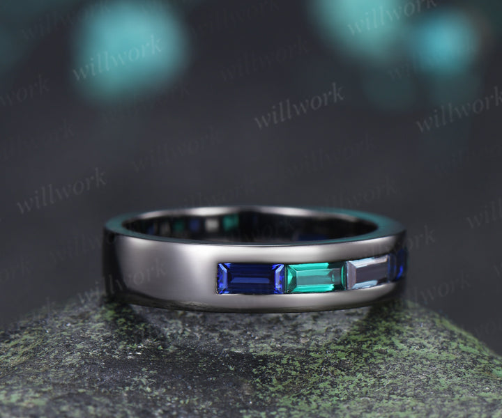 Baguette cut emerald sapphire alexandrite men wedding ring gothic black gold half eternity 5mm mens anniversary ring