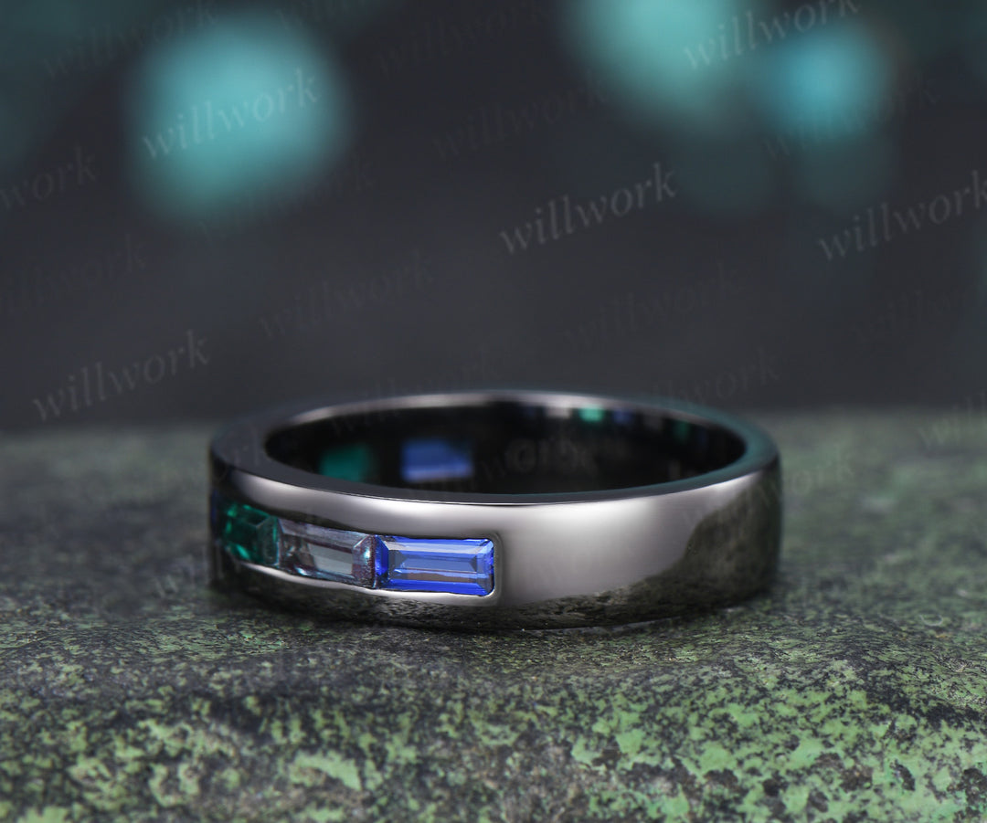 Baguette cut emerald sapphire alexandrite men wedding ring gothic black gold half eternity 5mm mens anniversary ring
