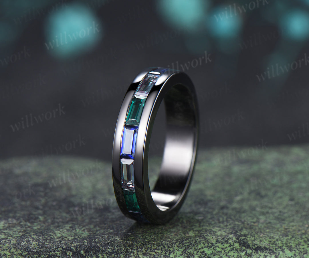 Baguette cut emerald sapphire alexandrite men wedding ring gothic black gold half eternity 5mm mens anniversary ring
