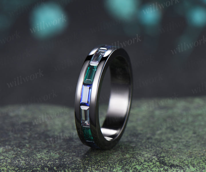 Baguette cut emerald sapphire alexandrite men wedding ring gothic black gold half eternity 5mm mens anniversary ring