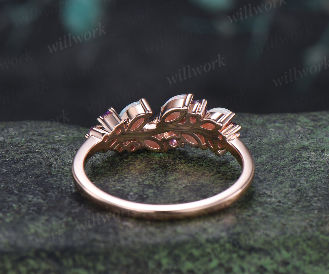 Marquise Opal & Amethyst Wedding Band Garden Inspired Leaf Ring Nature Inspired Bridal Jewelry