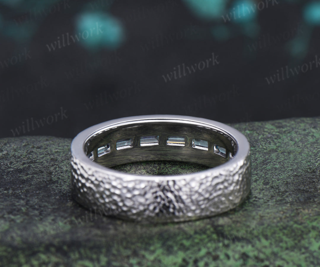 Vintage Baguette cut alexandrite wedding ring half eternity mens hammered promise anniversary ring