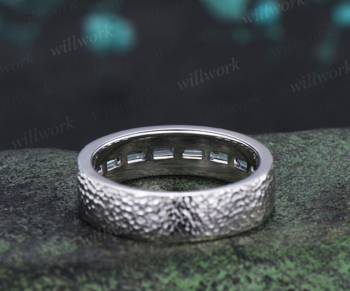 Vintage Baguette cut alexandrite wedding ring half eternity mens hammered promise anniversary ring