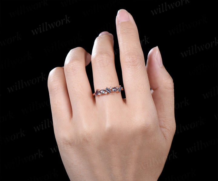 Unique baguette cut moissanite wedding band solid 14k rose gold half cluster ring stackable matching band for women