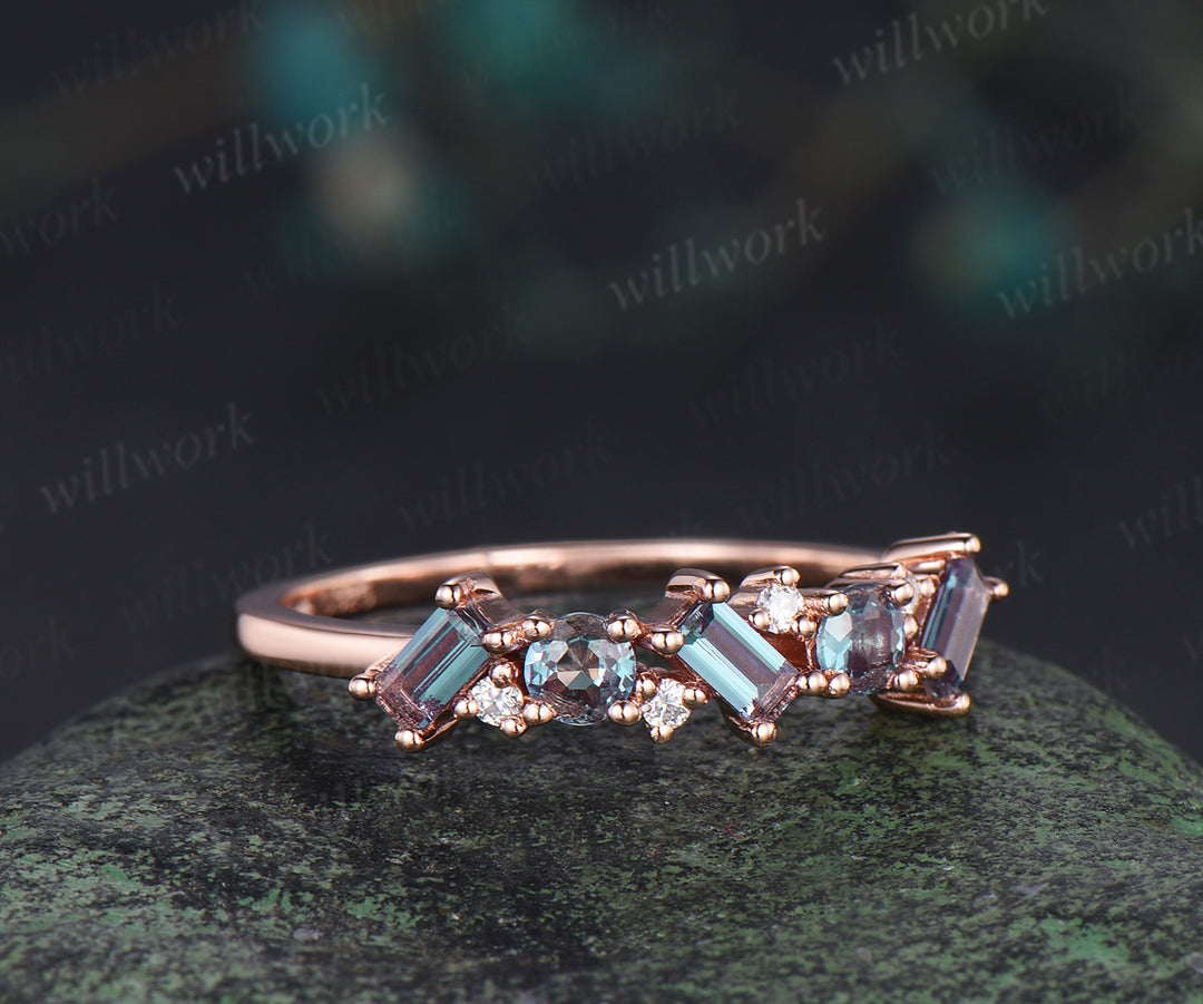 Unique baguette cut moissanite wedding band solid 14k rose gold half cluster ring stackable matching band for women