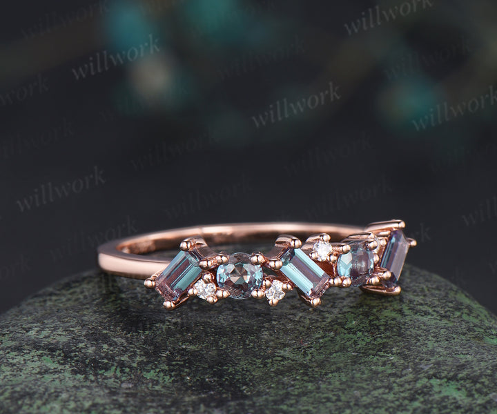 Unique baguette cut moissanite wedding band solid 14k rose gold half cluster ring stackable matching band for women
