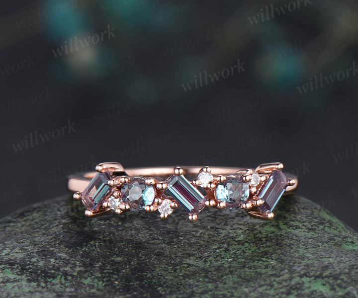 Unique baguette cut moissanite wedding band solid 14k rose gold half cluster ring stackable matching band for women