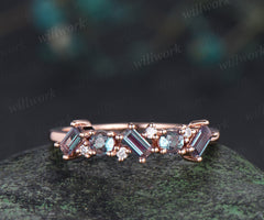 Unique baguette cut alexandrite wedding band moissanites 14k rose gold half cluster ring stackable matching band for women