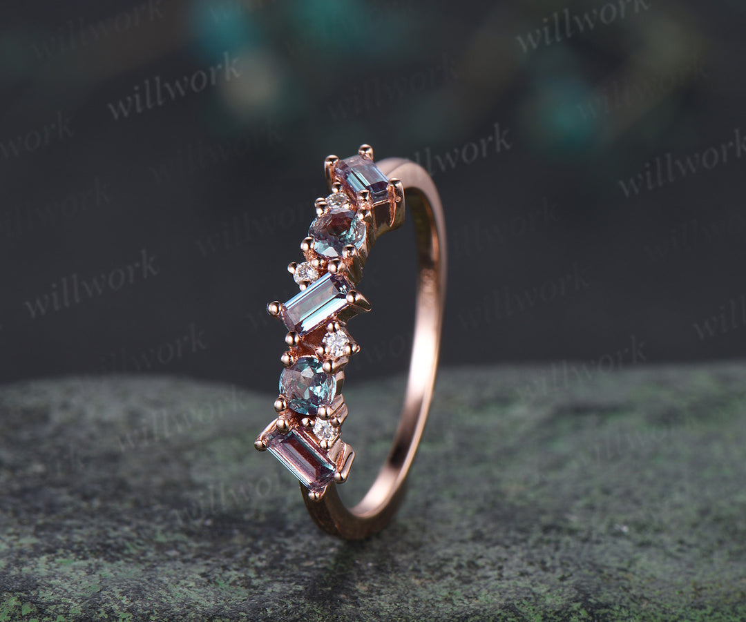 Unique baguette cut moissanite wedding band solid 14k rose gold half cluster ring stackable matching band for women