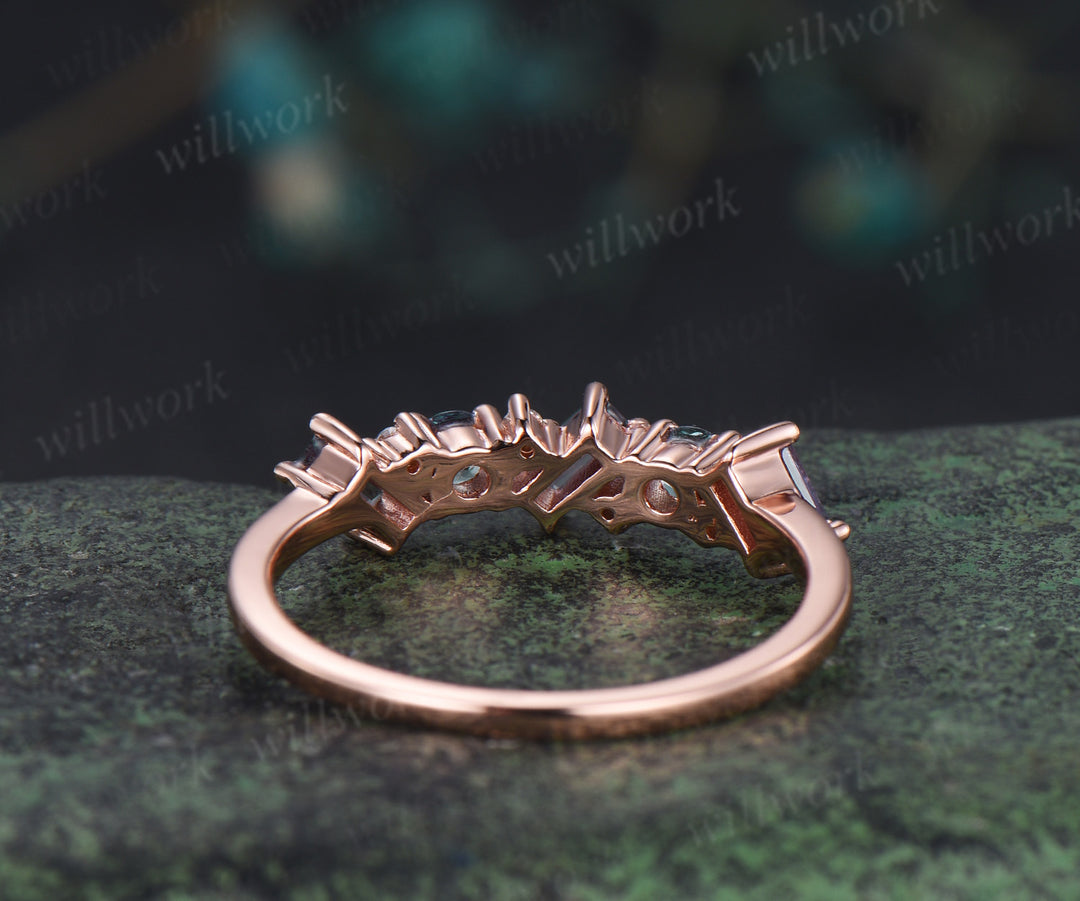 Unique baguette cut moissanite wedding band solid 14k rose gold half cluster ring stackable matching band for women