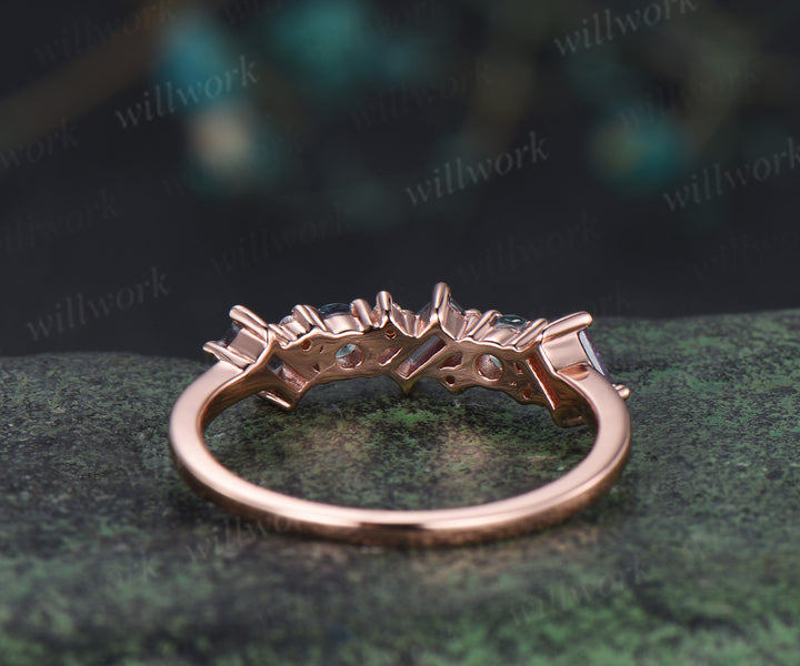 Unique baguette cut moissanite wedding band solid 14k rose gold half cluster ring stackable matching band for women
