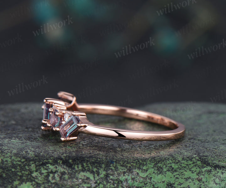 Unique baguette cut moissanite wedding band solid 14k rose gold half cluster ring stackable matching band for women