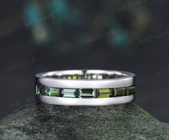 Baguette cut green tourmaline wedding band men half eternity mens engagement ring minimalist wedding anniversary gift