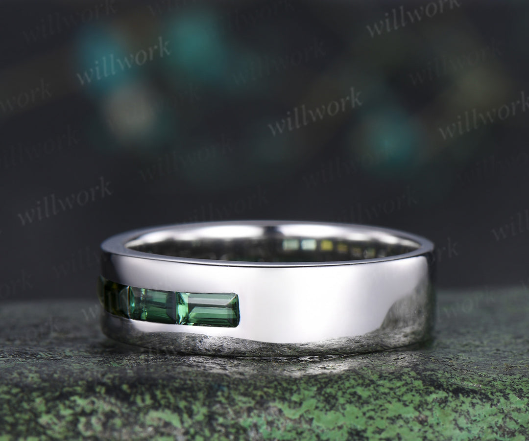 Baguette cut green tourmaline wedding band men half eternity mens engagement ring minimalist wedding anniversary gift