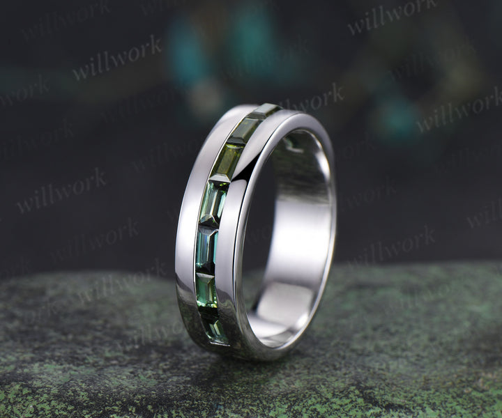 Baguette cut green tourmaline wedding band men half eternity mens engagement ring minimalist wedding anniversary gift