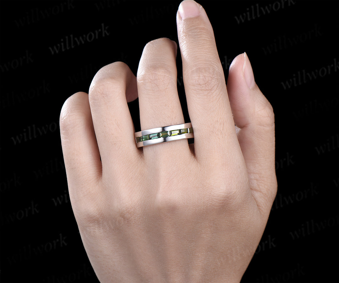 Baguette cut green tourmaline wedding band men half eternity mens engagement ring minimalist wedding anniversary gift