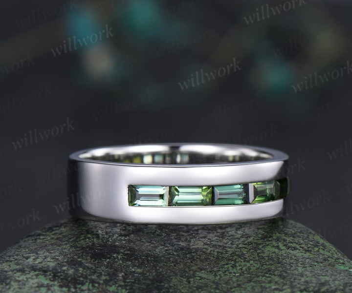 Baguette cut green tourmaline wedding band men half eternity mens engagement ring minimalist wedding anniversary gift